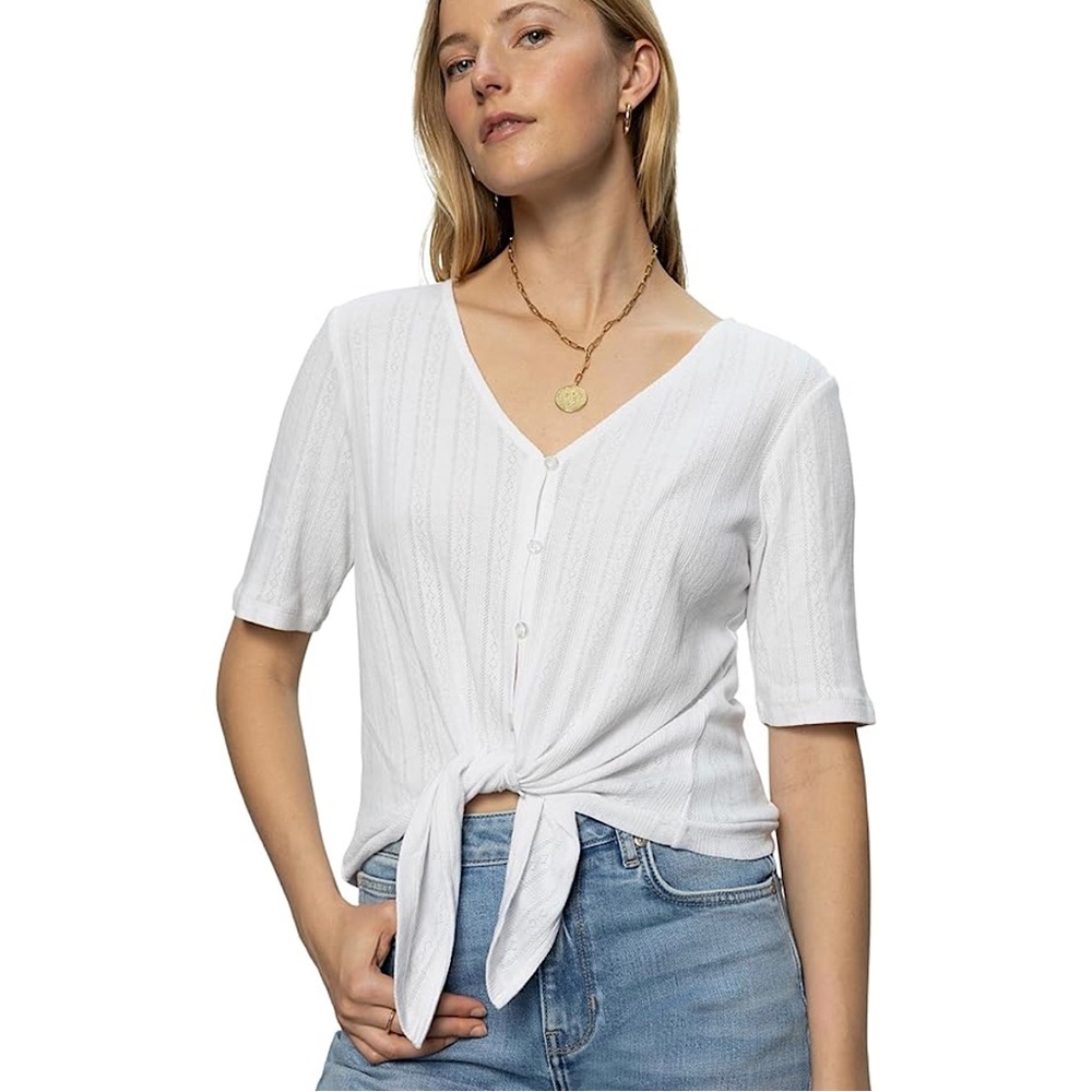 Sanctuary Tie Front Cotton Pointelle Top WHITE LARGE
